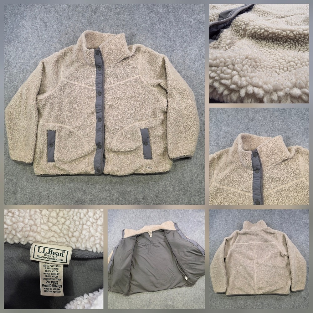 L.L. Bean Fleece‎ Jacket Womens 2X Plus White Beans Sherpa Snap Front Lined Pile